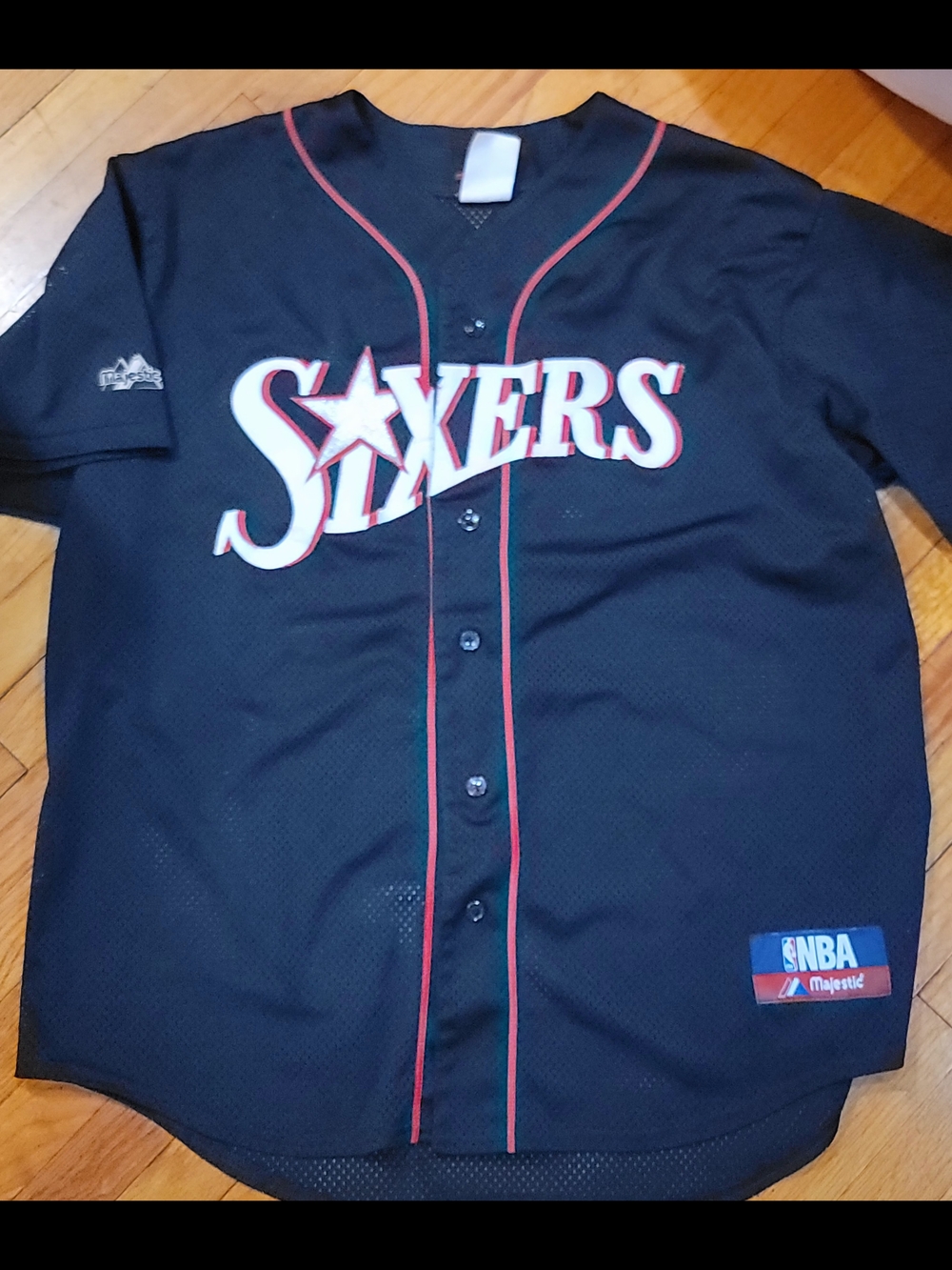 Philadelphia Sixers Black Button-Up Jersey with Red Trim
